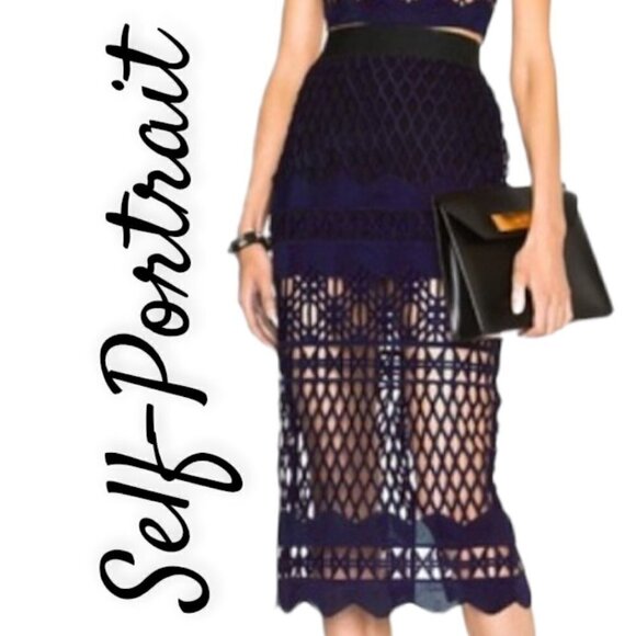 NWT Self-Portrait Cutwork Lace Pencil Skirt in Deep Purple & Black, Size 0 - Picture 5 of 12